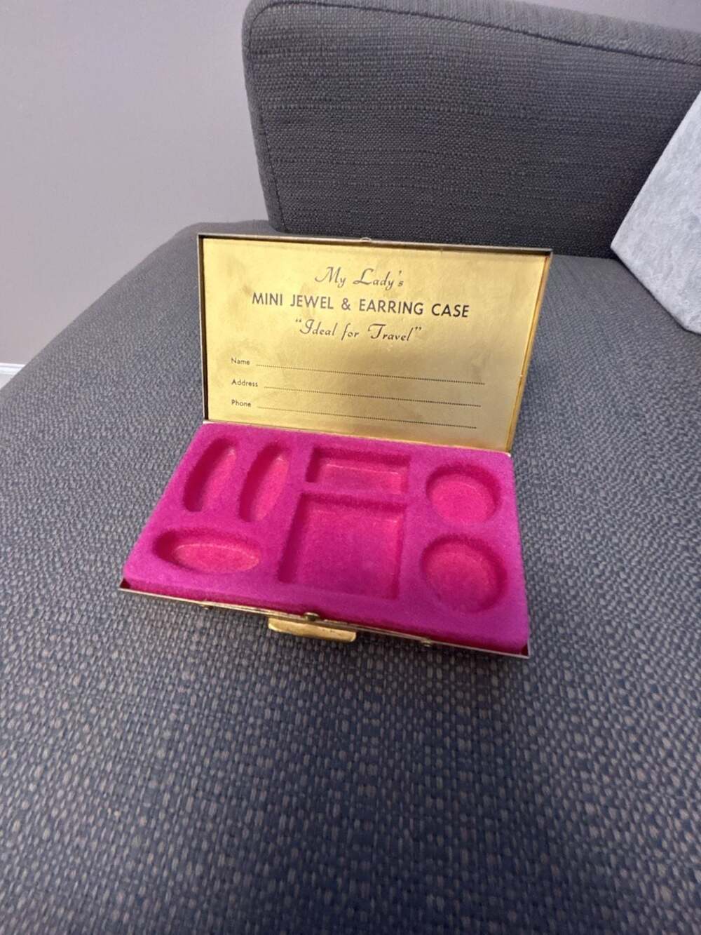 Vintage My Lady's Mini Jewel & Earring Case Travel Box Gold Tone Pink Velvet